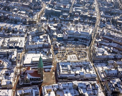 Aerial view, city centre Hamm, Evangelische Paulus-Kirche, pedestrian zone, Krankenhaus