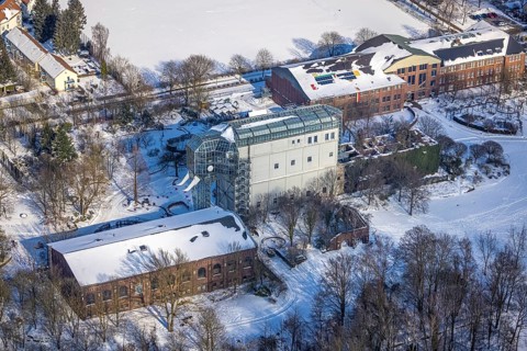 Aerial view, Maxipark, Maximilianpark in winter, machine hall, glass elephant, former Maximilian