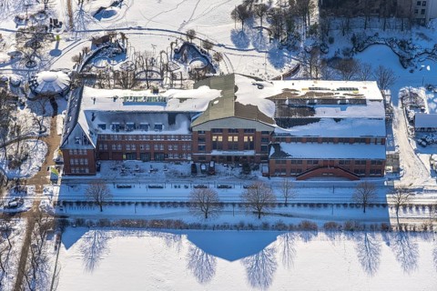 Aerial view, Maxipark, Maximilianpark in winter, machine hall, glass elephant, former Maximilian