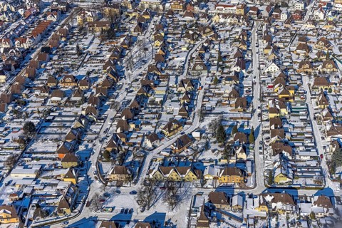 Aerial view, workers' housing estate Maximilian, miners' housing estate in winter, Uentrop, Hamm,