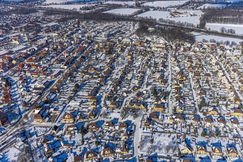 Aerial view, workers' housing estate Maximilian, miners' housing estate in winter, Uentrop, Hamm,