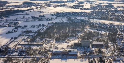 Aerial view, Maxipark, Maximilianpark in winter, machine hall, former colliery Maximilian, glass