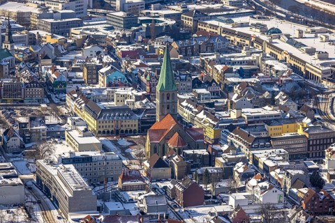 Aerial view, snow, winter, Protestant St. Paul's Church, Hamm-Mitte, Hamm, Ruhr area, North