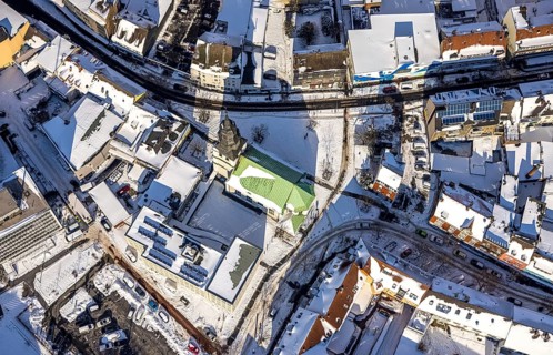 Aerial view, Renovated Protestant Youth Church Martin-Lutzher, Martin-Luther-Platz, snow, winter,