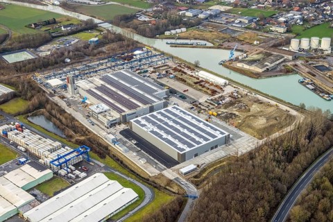 Aerial view Goldbeck concrete elements at the Datteln-Hamm Canal in Hamm, Ruhr area, North