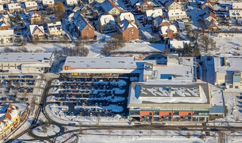 Aerial view, shopping centre, Aldi, Lidl, Edeka, car park, Westpress-Arena, snow, winter, Uentrop,
