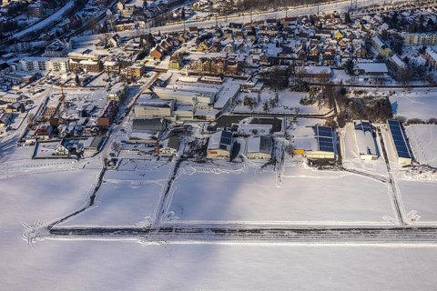 Aerial photo, airfield EDLH, snow-covered areas, winter, cleared runway, centre, Hamm, Ruhr area,