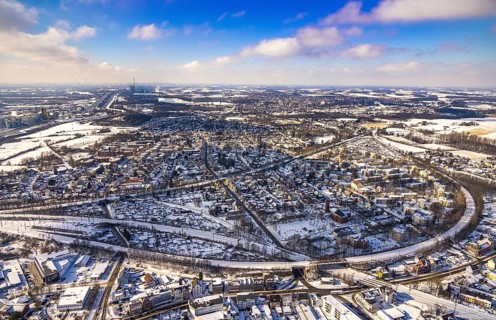 Aerial view, overview Hamm-Heessen from the centre in west direction, snow, winter, Hamm, Ruhr