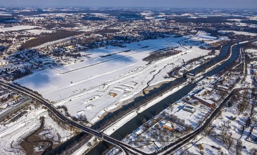 Aerial view, Hamm EDLH airfield, Lippe, Datteln-Hamm Canal, B63 Münsterstraße bridge, HTC Hockey