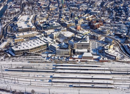 Aerial view, Hamm main station, tracks and platforms in the snow, winter, city centre,