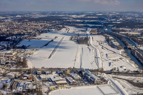 Aerial view, Hamm EDLH airfield, Lippe, Datteln-Hamm canal, bridge federal road B63 Münsterstraße,