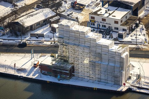 Aerial view, construction site renovation of the historic crane in Hammer harbour, technical