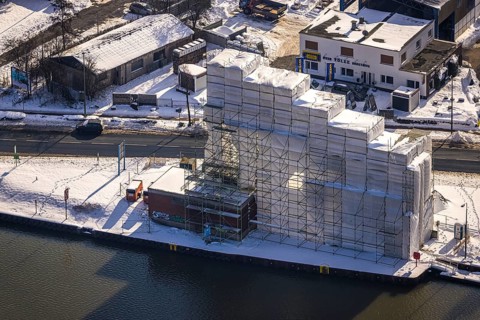 Aerial view, construction site renovation of the historic crane in Hammer harbour, technical
