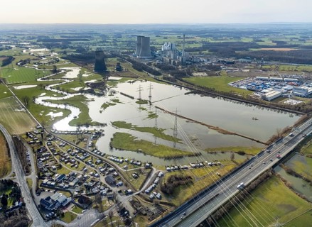 Aerial view, Lippe meander, Lippe with flood, Schmehauser Mersch, Campingplatz Uentrop Helbach