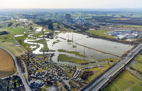 Aerial view, Lippemäande, Lippe with flood, Schmehauser Mersch, Campingplatz Uentrop Helbach GmbH,