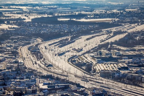 Aerial view, marshalling yard, snow, winter, centre, Hamm, Ruhr area, North Rhine-Westphalia,