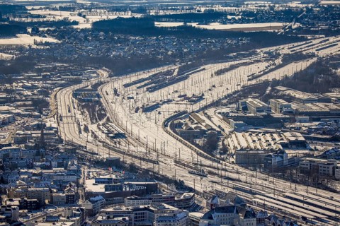 Aerial view, marshalling yard, snow, winter, centre, Hamm, Ruhr area, North Rhine-Westphalia,