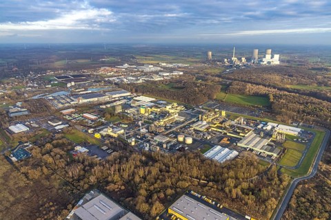 Aerial view DuPont and DuBay Polymer GmbH and Goldbeck Betonelemente and RWE power plant Westfalen