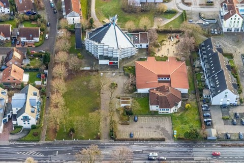 Aerial view catholic parish of St. Boniface with roof renewal of the St. Bonifatius Church in Hamm,
