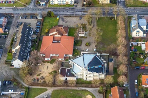 Aerial view catholic parish of St. Boniface with roof renewal of the St. Bonifatius Church in Hamm,
