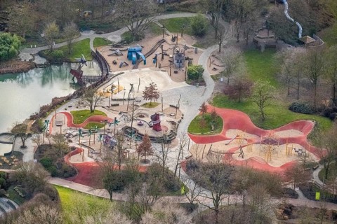 Aerial view playground in Maximilianpark in Hamm, Ruhr area, North Rhine-Westphalia, Germany, DE,