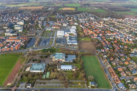 Aerial view commercial area Ostwennemarstraße and MaxiCenter and Freiherr-vom-Stein-Gymnasium in