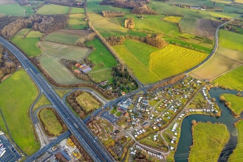 Aerial view motorway A2 with motorway junction Hamm-Uentrop and planned industrial area Westfalen