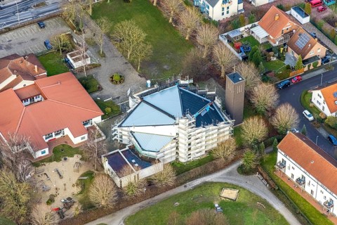 Aerial view catholic parish of St. Boniface with roof renewal of the St. Bonifatius Church in Hamm,