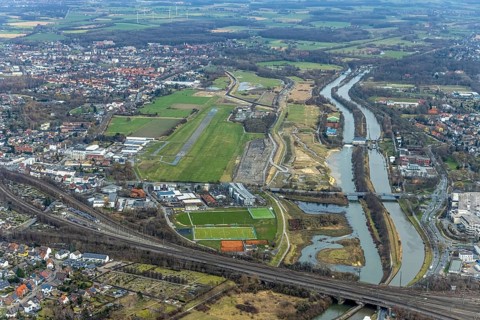 Aerial view, Lippe reconstruction, river Lippe, Lippe beach, runway with taxiway area of