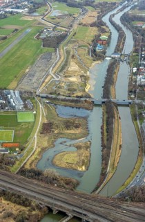 Aerial view, Lippe reconstruction, river Lippe, Lippe beach, runway with taxiway area of