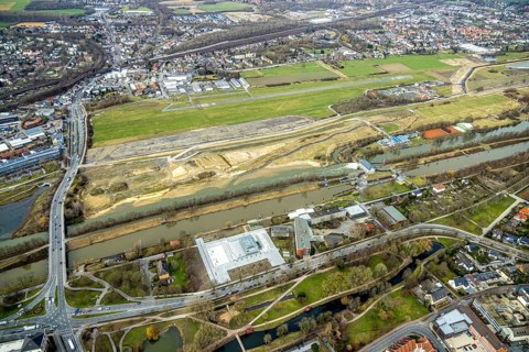 Aerial view, Lippe reconstruction, river Lippe, new rowing centre, new water sports centre, Lippe