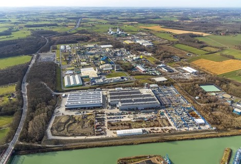Aerial view, new halls at GOLDBECK Betonelemente GmbH Hamm, near plastics factory DuBay Polymer