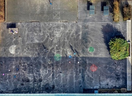 Aerial photo, schoolyard in Corona times, Maximilianschule Hamm, traffic training area in the