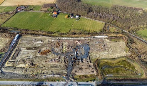 Aerial view, construction site for the new building complex on the site of the logistics centre and