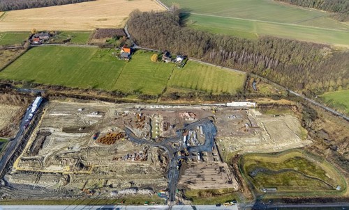 Aerial view, construction site for the new building complex on the site of the logistics centre and