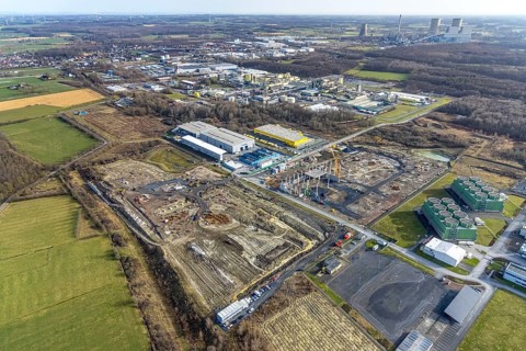 Aerial view, construction site for the new building complex on the site of the logistics centre and