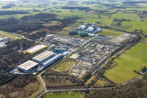 Aerial view, construction site for the new building complex on the site of the logistics centre and