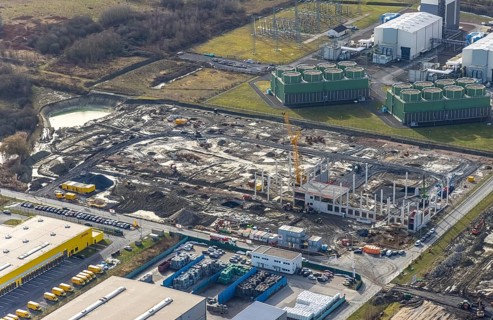 Aerial view, construction site for the new building complex on the site of the logistics centre and