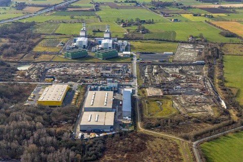 Aerial view, construction site for the new building complex on the site of the logistics centre and