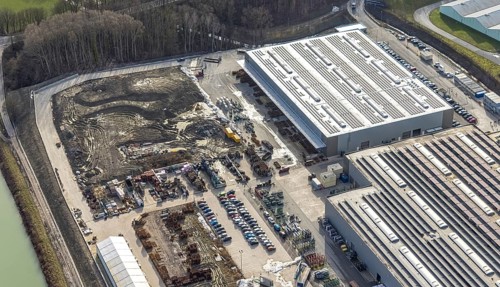 Aerial view, new halls at GOLDBECK Betonelemente GmbH Hamm, near plastics factory DuBay Polymer