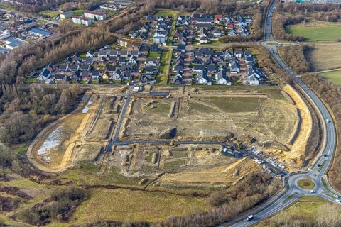 Aerial view, construction area Heimshof Ost at Sachsenring, new development area, Heessen, Hamm,