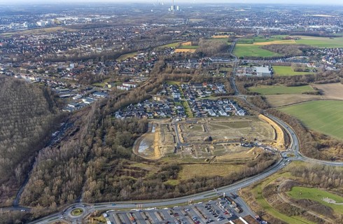 Aerial view, construction area Heimshof Ost at Sachsenring, new development area, Heessen, Hamm,
