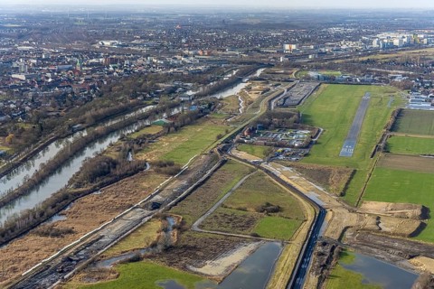 Aerial view, Lippe reconstruction, river Lippe, Lippe beach, runway with taxiway area of