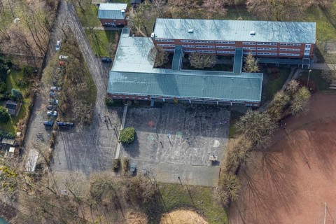 Aerial photo, schoolyard in Corona times, Maximilianschule Hamm, traffic training area in the