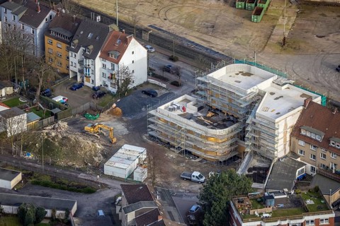 Aerial view, new community centre Wilhelmstraße, new building, centre, Hamm, Ruhr area, North