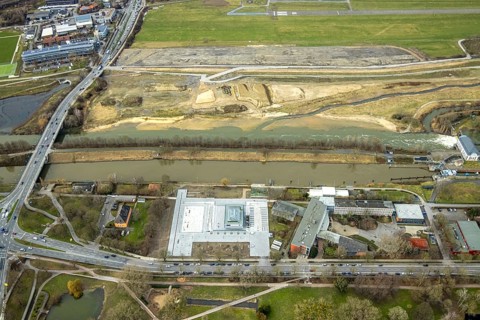 Aerial view, Lippe reconstruction, river Lippe, new rowing centre, new water sports centre, Lippe