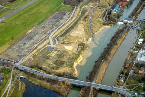 Aerial view, Lippe reconstruction, river Lippe, Lippe beach, runway with taxiway area of