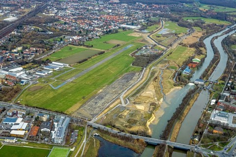 Aerial view, Lippe reconstruction, river Lippe, Lippe beach, runway with taxiway area of