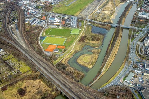 Aerial view, Lippe reconstruction, river Lippe, Lippe beach, runway with taxiway area of