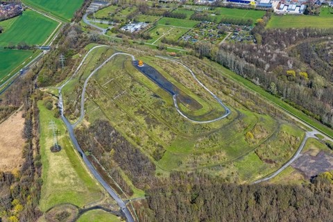 Aerial view, Humbert spoil tip with spoil tip sign, Herringen, Hamm, Ruhr area, North